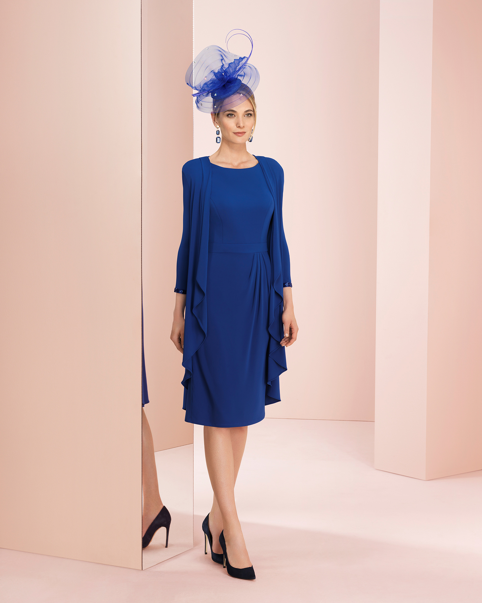 Beaded crepe cocktail dress with long-sleeved jacket. Available in cobalt and silver/smoke. 2018 COUTURE CLUB Collection.