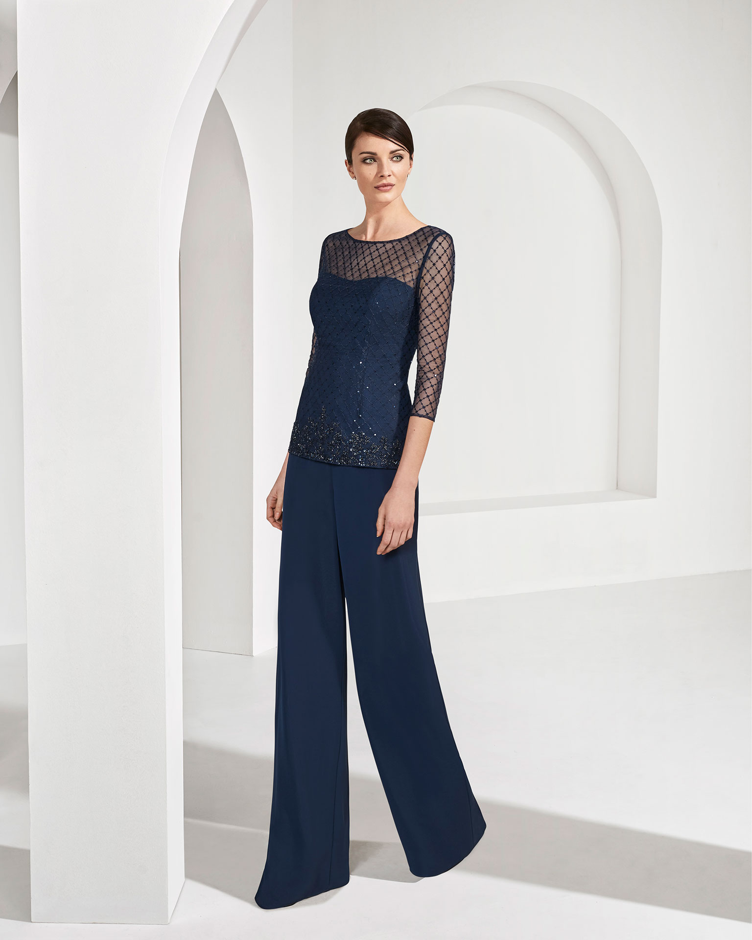 Chiffon cocktail dress, trousers and jacket. With long sleeves and beaded bodice. 2019 COUTURE CLUB Collection.