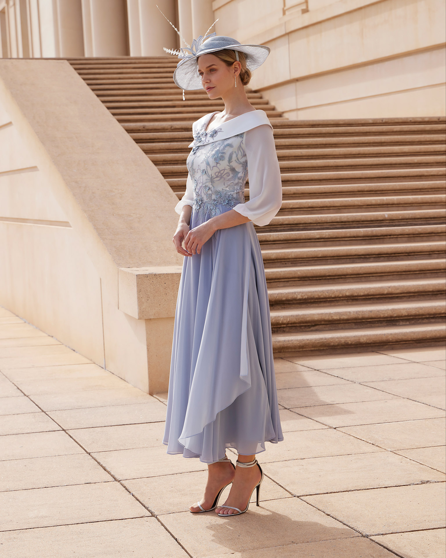 Midi evening dress made of georgette and lace with beadwork. Couture Club design with a wraparound neckline, and a closed back. MARFIL_BARCELONA.