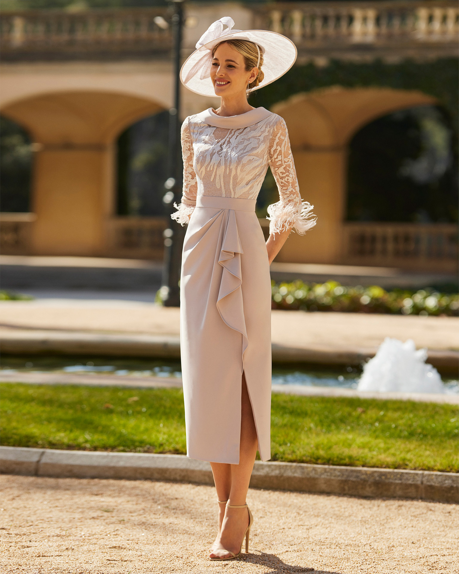 Elegant midi mother of the bride or groom dress. Crafted with sateen crêpe and beadwork lace. With turn-down collar and v-neck and feathered three-quarter sleeves. Couture Club outfit. MARFIL_BARCELONA.