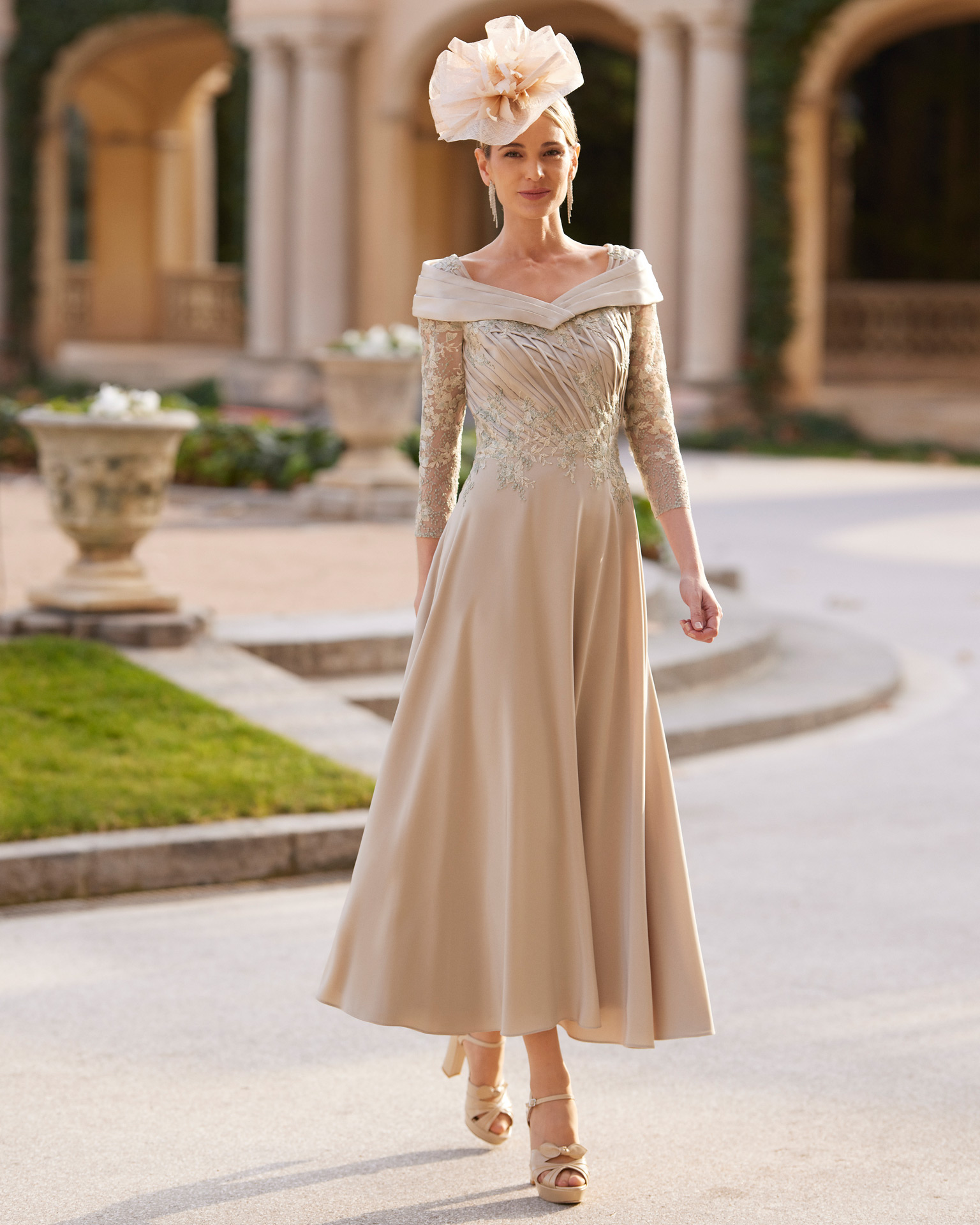 Elegant midi cocktail dress. Crafted with triacetate and lace. With off-the-shoulder neckline and three-quarter sleeves. Couture Club outfit. MARFIL_BARCELONA.