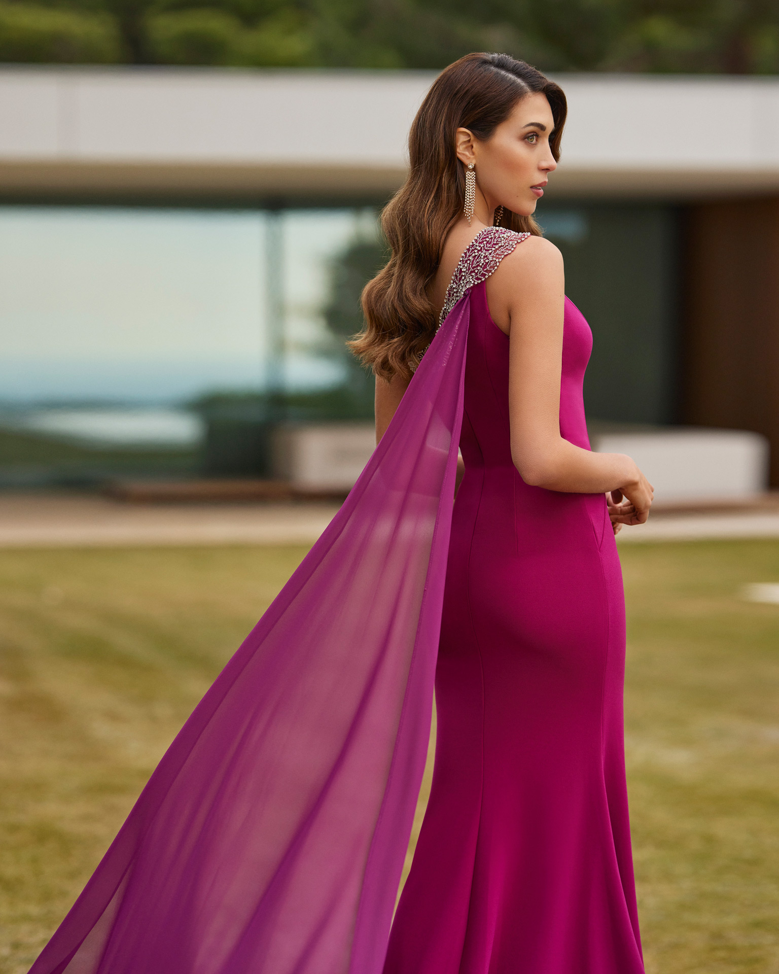 Elegant long evening dress. Made with crêpe embellished with beadwork. With asymmetrical crew neckline, closed back and drape. Exclusive Marfil Barcelona look. MARFIL_BARCELONA.