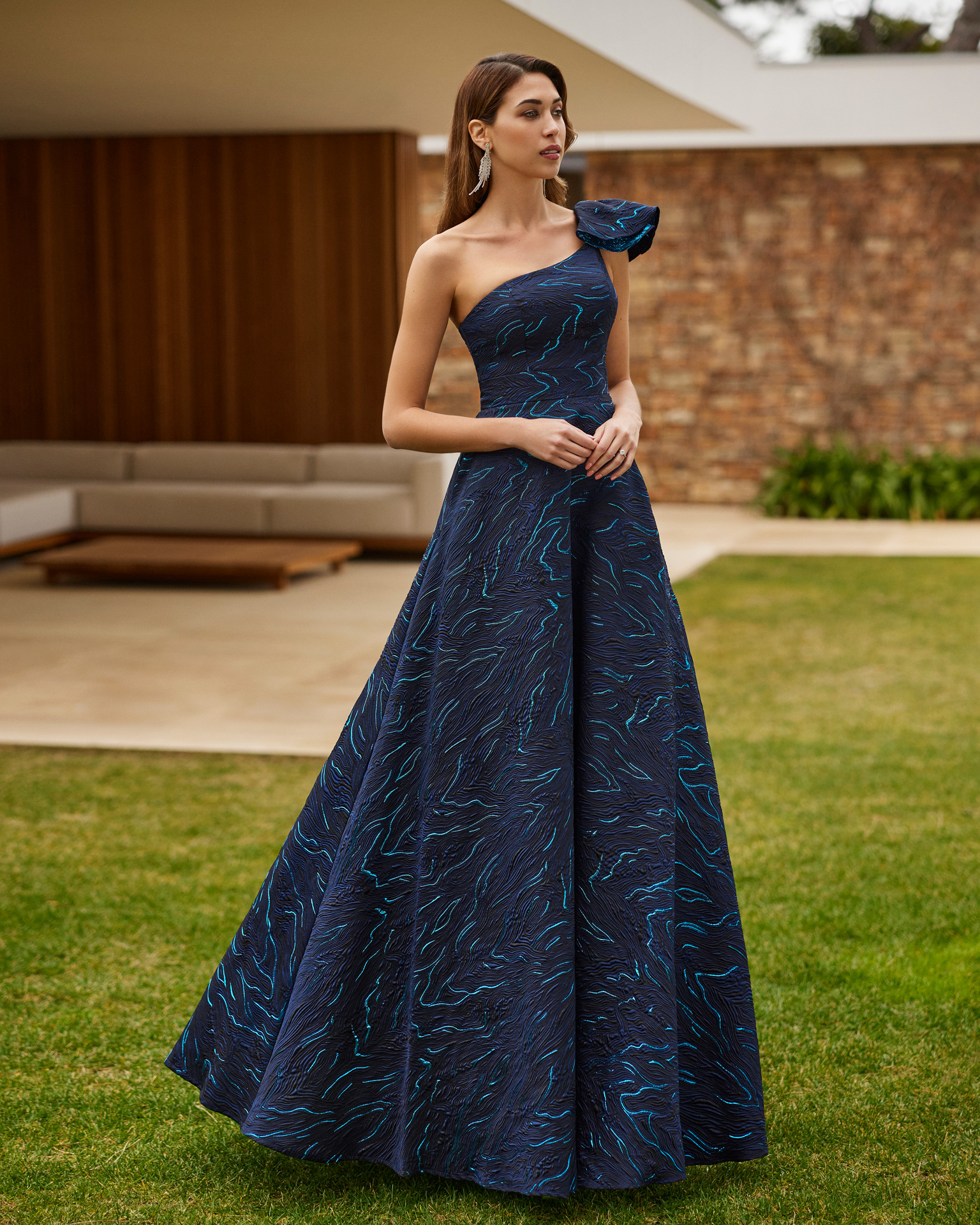 Elegant long evening dress. Made with brocade. With asymmetrical neckline. Exclusive Marfil Barcelona look. MARFIL_BARCELONA.