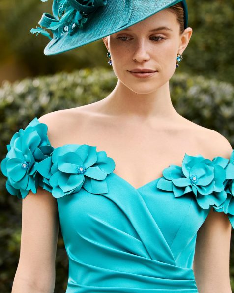 Midi evening dress, made of satin crepe. Featuring an off-the-shoulder neckline and a shawl. MARFIL_BARCELONA.